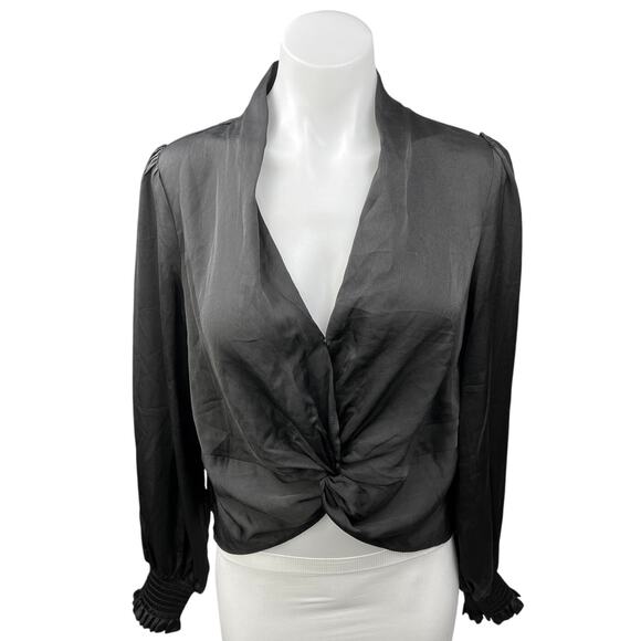 AQUA Black Silk Satin Long Sleeve Smocked Cuffed Deep V Neck Blouse Top Size S - Picture 1 of 3